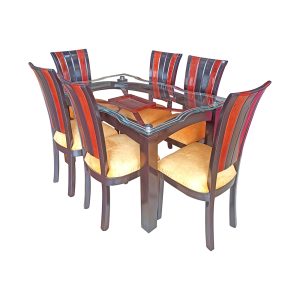 Comedor 6 puestos con base y sillas en madera cedro y cristal de 15 mm